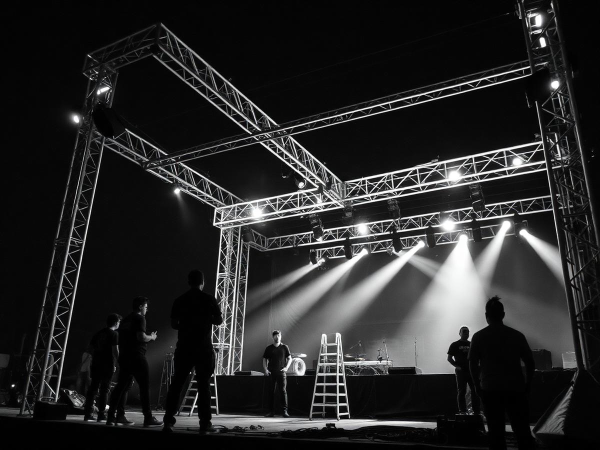 Equipo de producción técnica montando estructura y luces